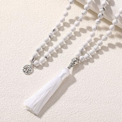 INBLUE 108 Mala Prayer Beads Wrap Necklace with Long Tassel Boho Necklace for Women Amazonite Bead Bracelet with Spiritual Tree of Life Pendant 108 Beads Necklace for Meditation - color: Natural White Howlite