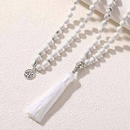 INBLUE 108 Mala Prayer Beads Wrap Necklace with Long Tassel Boho Necklace for Women Amazonite Bead Bracelet with Spiritual Tree of Life Pendant 108 Beads Necklace for Meditation - color: Natural White Howlite