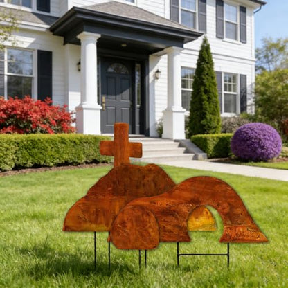 Easter Yard Sign Metal Religious Christian Outdoor Decorations Empty Tomb Easter Scene with Cross Jesus Resurrection Easter Lawn Decorations Garden Patio Porch Church Decor