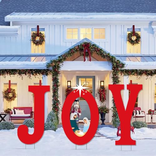 Festive Outdoor Christmas Decorations - Joyful Nativity Scene Lawn Decor for Christmas Pathway and Yard with Stakes, Red and White