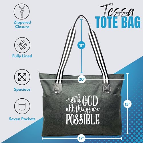 Brooke & Jess Designs Church Bags for Women - Bible Tote Bags for Women, Large Tote Bag for Womens with Zipper - color: With God Tessa Black