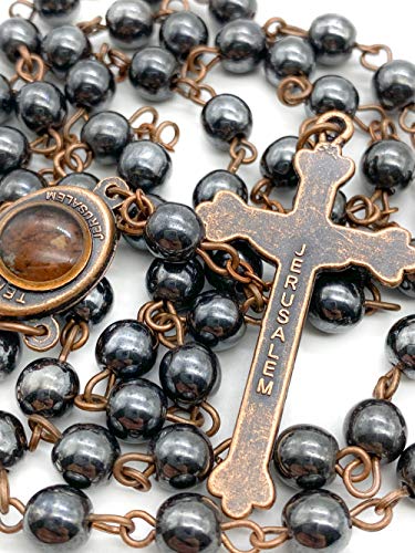 Nazareth Store Hematite Rosary Beads Black Stone Catholic Rosary Necklace with Jerusalem Holy Soil & Cross Antique Religious Rosaries Beads Collection - color: Bronze Color Chain
