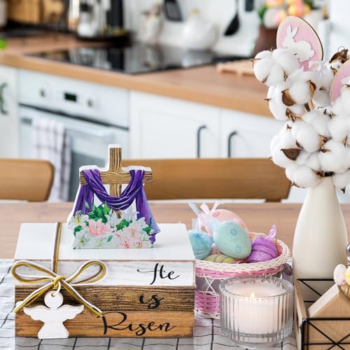 Pinkunn 4 Pcs He is Risen Easter Decorations Christian Wooden Table Sign