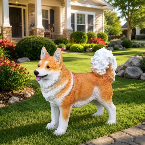 Realistic Shiba Inu Dog Garden Statue, Finely Sculpted Lifelike Tan and White Standing Dog Figurine, Weather-Resistant Outdoor Sculpture for Yard, Lawn and Pet Memorial Gift - color: Shiba Inu Standing
