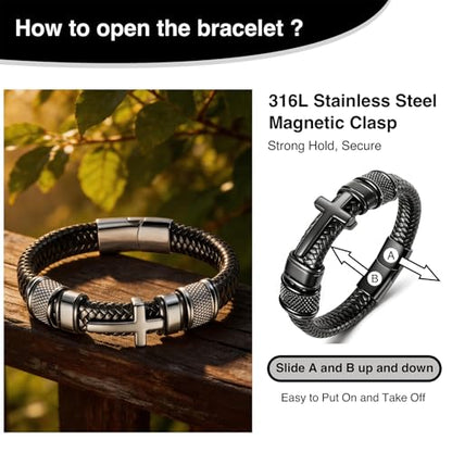 Mens Christian Bracelet, Cross Bracelet for Men, Gifts for Husband Dad Boyfriend Son, Engraved Bible Verse Jewelry, Stainless Steel Silver Cross, Black Braided Leather Bracelets