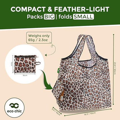 ECO CHIC Foldable Reusable Large Grocery Bags - Foldable Grocery Bags - Lightweight, Recycled & Reusable Shopping Bag - Waterproof, Packable Tote Fitting in Fine Grocery Bag Carrier - color: Leopard