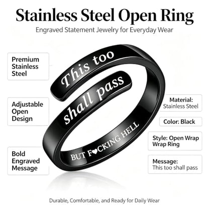 Faith Over Fear Cross Inspirational Rings for Women Daughter, Christian Blessed Hope Love Encouragement Rings Adjustable Open Tiny Purity Wrap Thumb Cross Ring Jewelry Graduation Cocktail Party - color: This Too Shall Pass Black