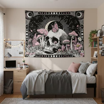 Accnicc Gothic Skull Butterfly Mushroom Tapestry 60 x 44 Inch - color: Pink White, size: 60"L x 44"W