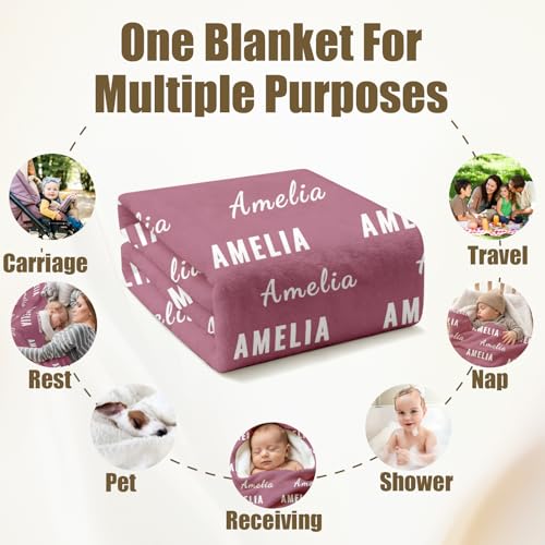 Ships Next Day, Personalized Baby Blanket with Name - Custom Newborn Hospital Swaddle Blanket, Super Soft Plush Flannel Baby Gift for Birth Announcement Shower Easter Gifts for Toddler Kids - color: Raspberry