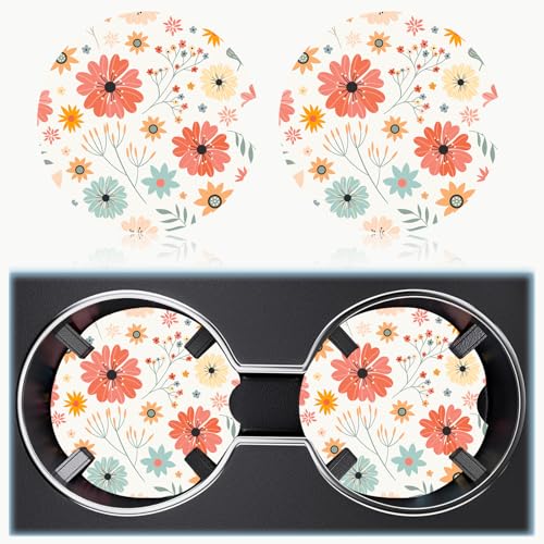 Ceramic Car Cup Holder Coasters Set of 2, 2.56 in Red Flowers - color: Red Flowers