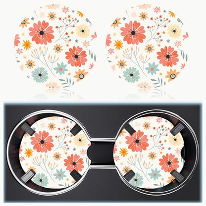 Ceramic Car Cup Holder Coasters Set of 2, 2.56 in Red Flowers - color: Red Flowers