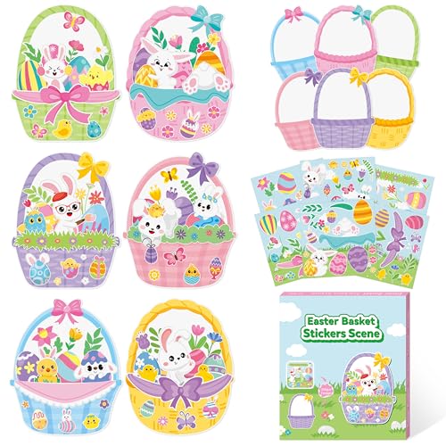 CY2SIDE Easter Basket Scene Stickers - 12 Sets of Easter Theme Basket Stuffers for School Activity Make Your Own Egg Rabbit Scene Stickers Spring Party Supplies - style: Easter basket