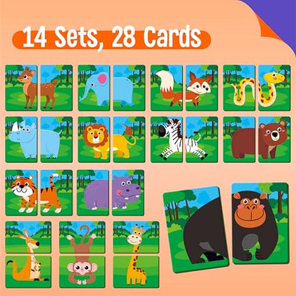 SpriteGru Jungle Animal Memory Game, 28 Chunky Cards Wild Animal Head Tail Matching Game 1-5 Players Memory Matching Game for Age - style: Jungle Animal