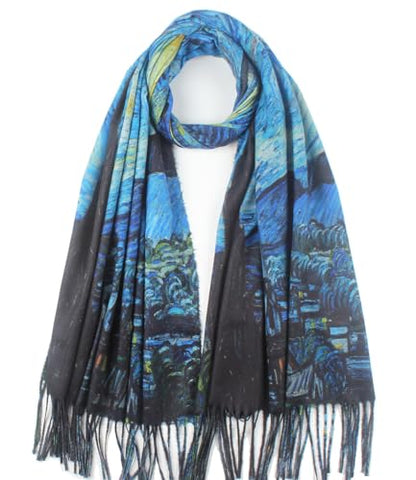Umjetnost Soft Cashmere Feel Scarf For Women Winter Warm Scarves Large Shawl Wrap Monet Van Gogh Art Print - color: C05 Blue&black