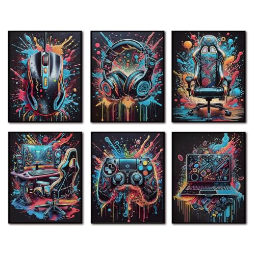 SHRNGCK Game Room Posters Set of 6 Retro Video Game Setup Wall Art Neon Gaming Gamepad Canvas Painting Prints for Teen Boys Room Bedroom 12x16 Unframed - color: Game, size: 16"L x 12"W