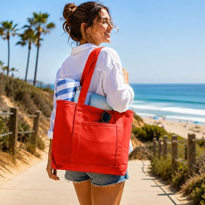 DALIX 20" Solid Color Cotton Canvas Shopping Tote Bag in Red - color: Red