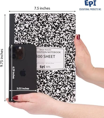 960 Pack (Pallet) EPI Wide Ruled Composition Notebook Bulk, 200 pages (100 Sheets), 9-3/4 x 7-1/2, Black Marble, Bulk School Supplies, Heavy Duty, Durable Office Notebooks, Sturdy Sewn Binding - size: Pack of 960, style: Wide Ruled