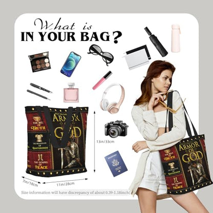 Bible Tote Bags for Women Christian Tote Bag Church Shoulder Bag Inspirational Bags With Zipper Christian Gift - color: Armor of God