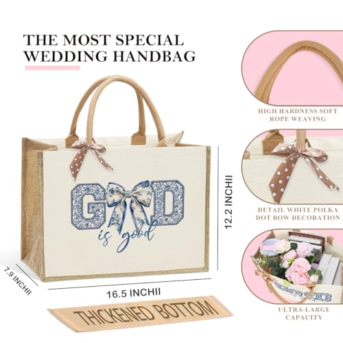 KongMoTree Christian Tote Bags, Coquette Bow Bag with Floral Christians Gifts for Mom, Wife, Sisters, Best Friends - color: God is Good Blue