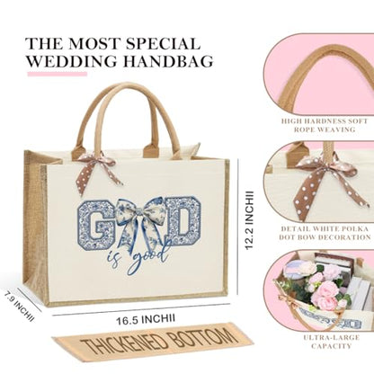KongMoTree Christian Tote Bags, Coquette Bow Bag with Floral Christians Gifts for Mom, Wife, Sisters, Best Friends - color: God is Good Blue