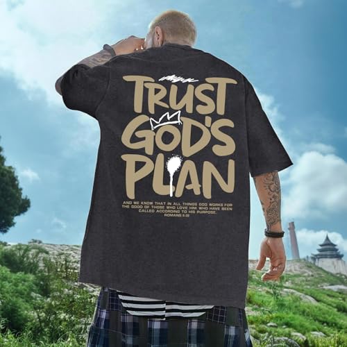 BINTEHGS Oversized Christian T Shirts for Men Jesus Trust Gods Plan Shirt - color: Black, size: Small