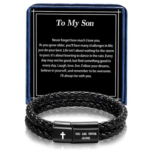Christian Bracelet for Men, Bible Verse Leather Cross Gift for Men - color: A-To My Son-You Are Never Alone-Love You Forever