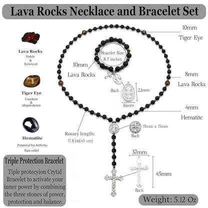 Rosary for Men Women, Natural Stone Beads with St. Benedict Bracelet - color: Lava Rocks