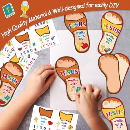 Qyeahkj 32Pcs Sunday School Crafts for Kids VBS Sticker Crafts Bible Christian Craft Jesus Walks with Us Sunday School Favors DIY Sticker Kits for Religious Classroom Home Activities Supplies
