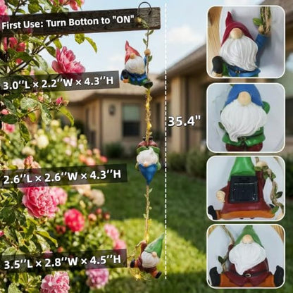 Garden Gnome Hanging Decor, 3 Pack Climbing Gnomes & Solar Ropes Lights - color: Climbing Gnomes
