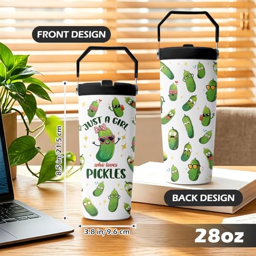 Hiboss Pickle Gifts Tumbler with Handle and Flip Straw 28oz, Insulated Stainless Steel Just A Girl Who Loves Pickles Travel Cup Mug, Birthday Gifts for Pickled Cucumber Lover Women Girls - color: Pickle