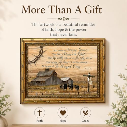 Vintage Gold Framed Modern Farmhouse Canvas Wall Art - Cows Painting Amazing Grace Power in the Blood Hymn Quotes Wall Decor, Scripture Picture Rustic Barn Scenery Christian Home Bedroom, 16x24in - color: barn, size: 24"L x 16"W