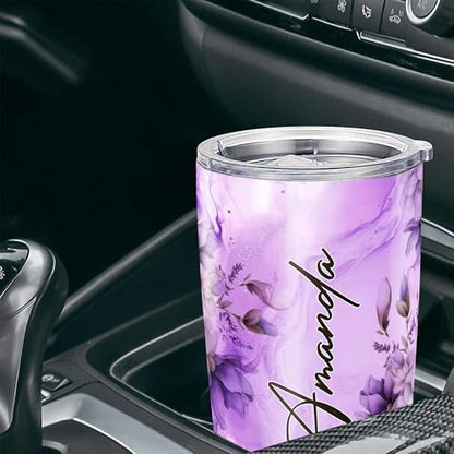 Personalized Floral Tumbler Custom Name Flower Insulated cups Travel Coffee Mug with Lids Stainless Steel 20 30 Oz Purple Gifts for Women Girl Birthday - color: Flower 628