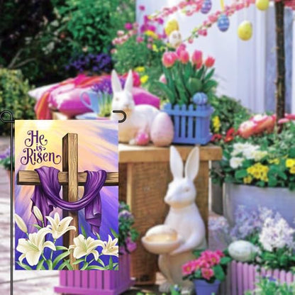 He is Risen Easter Christian Garden Flags 12x18 Double Sided Burlap, Religious Cross Spring Lily Flower Sign Small Flag Farmhouse Yard Outdoor Decoration DF701 - size: 12" X 18"