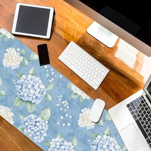 Hydrangea Desk Mat, Blue and White Flroal Mouse Pad, 31.5x11.8 - color: Hydrangea Blue and White, size: 31.5L x 11.8W inches