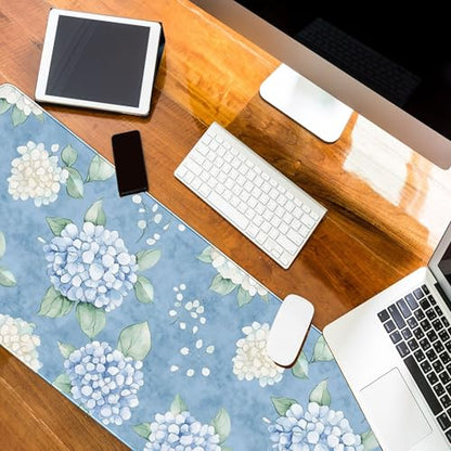 Hydrangea Desk Mat, Blue and White Flroal Mouse Pad, 31.5x11.8 - color: Hydrangea Blue and White, size: 31.5L x 11.8W inches