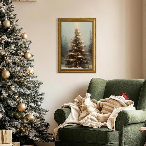 Fantasy Artists Christmas Framed Canvas Wall Art, Lighted Christmas Tree in Snowy Forest Gold Frame Print, Vintage Winter Holiday Decor for Living Room Bedroom Entryway, Ready to Hang, 16" Wx24 H - color: Christmas tree, size: 24"L x 16"W