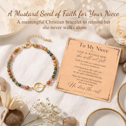Gold Mustard Seed Bracelet for Teen Girls and Women, Faith Can Move Mountains Christian Jewelry, Inspirational Religious Gift for Her - color: Niece