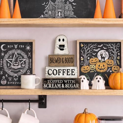 Lineshading 4 Pcs Halloween Ghost Blocks, Wooden Coffee Farmhouse Decor - style: Brewed & Boo'd Coffee