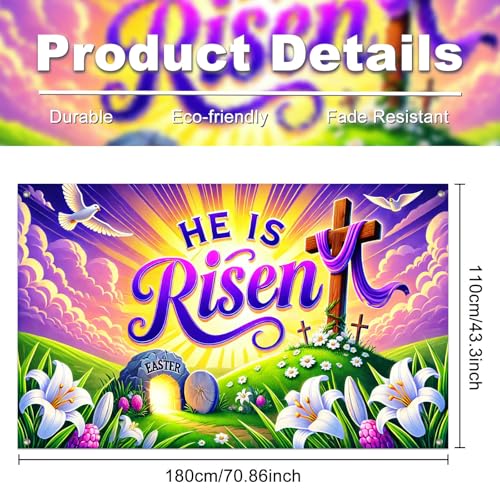 IVN He Is Risen Easter Banner 71x43 Inch Christian Cross Empty Tomb Lilies - color: He Is Risen Empty Tomb Cross Christian