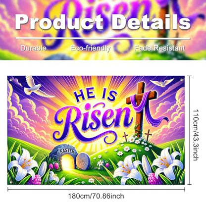 IVN He Is Risen Easter Banner 71x43 Inch Christian Cross Empty Tomb Lilies - color: He Is Risen Empty Tomb Cross Christian