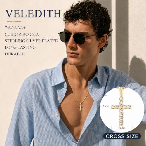 925 Sterling Silver Cross Necklaces for Mens Women CZ Beveled Edge - color: Cubic Zirconia Gold Cross