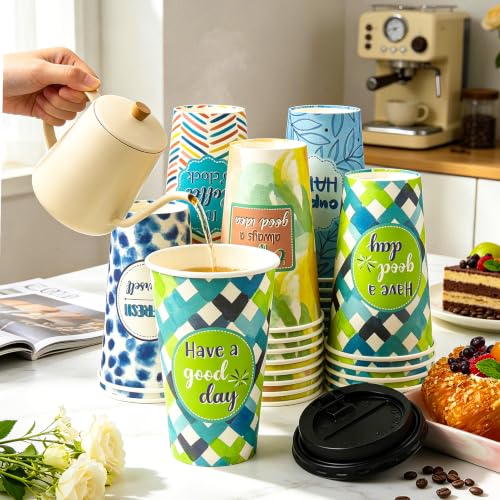 50 Pack 16 oz Disposable Coffee Cups with Lids Blue Colorful - style: Blue and Colorful Inspirational Quotes