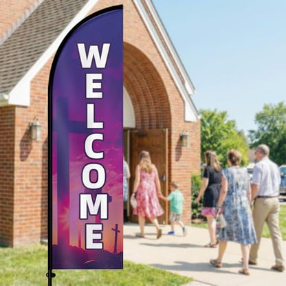 Double Sided Church Welcome Feather Flag with Pole Kit, 8FT Durable Polyester Outdoor Church Sign Banner, High Visibility Welcome Flag for Entrance, Sunday Service & Community Events