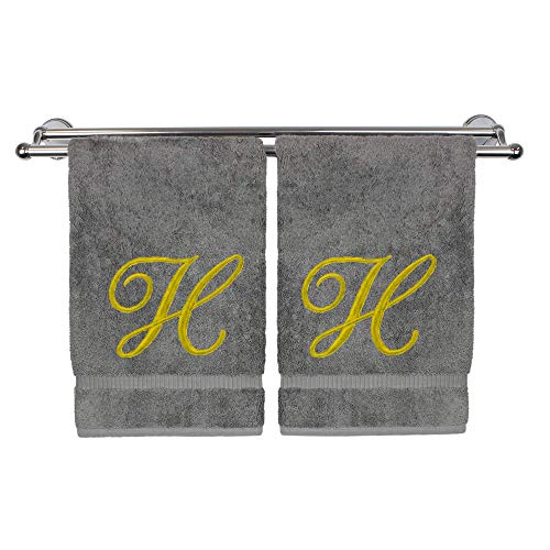 Monogrammed Hand Towel, Personalized Gift, 16 x 30 Inches - Set of 2 - Gold Embroidered Towel - Extra Absorbent 100% Turkish Cotton - Soft Terry Finish - for Bathroom, Kitchen and Spa - Script H Gray - color: Gold on Gray, style: Initial H
