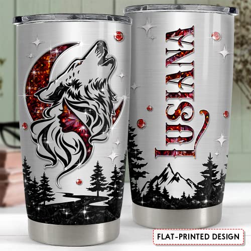 SANDJEST Personalized Wolf Tumbler with Customize Name Jewelry Drawing 20oz 30oz Tumbler with Lid Gift for Woman Man Friend Wolf Lovers - color: Wolf