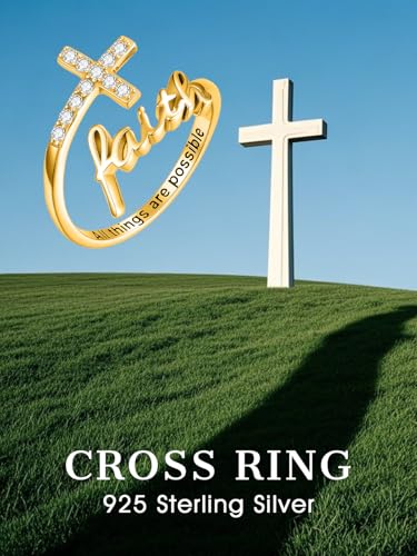 Cross Rings Faith Ring 925 Sterling Silver Adjustable Cross Wrap Ring Christian Fashion Band for Women - color: B-Yellow Gold
