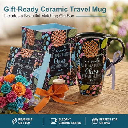 Topadorn 17oz Ceramic Travel Mug with Lid, Inspirational Coffee Mug - color: Flower