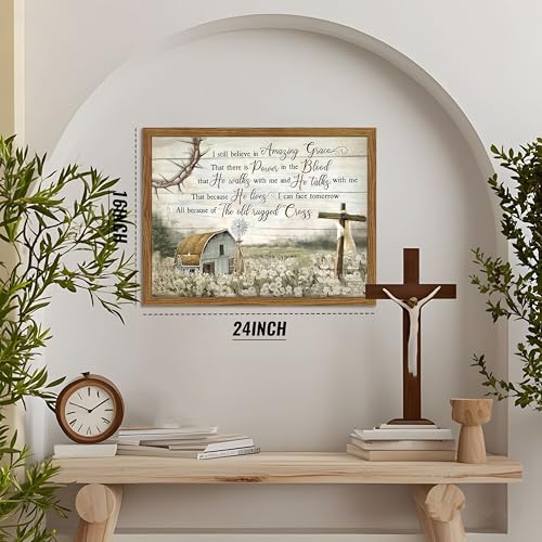 Cross Christian Wall Art Barn Windmill Country Pictures Framed 16x24 Inch - color: Hymn-wood, size: 24"L x 16"W