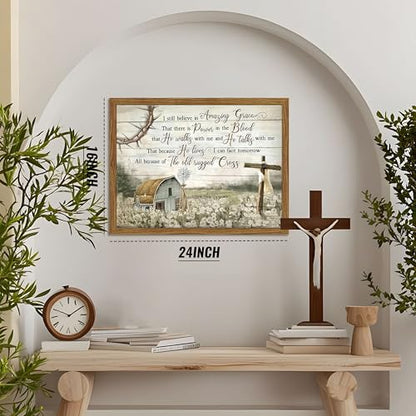 Cross Christian Wall Art Barn Windmill Country Pictures Framed 16x24 Inch - color: Hymn-wood, size: 24"L x 16"W