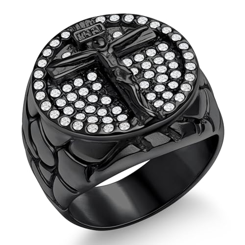 Men's Cross Ring Stainless Steel Cubic Zirconia Crucifix for Men, 18K Gold Plated, Black, Silver Religious Christian Jesus Ring, Size 7-14 - color: 03. Black-Jesus Crucifix